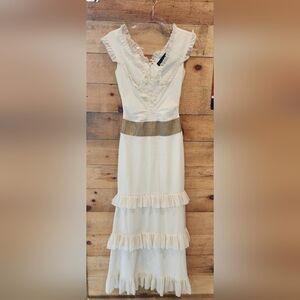 Nicole Miller Cream Maxi Dress with Gold Waistband